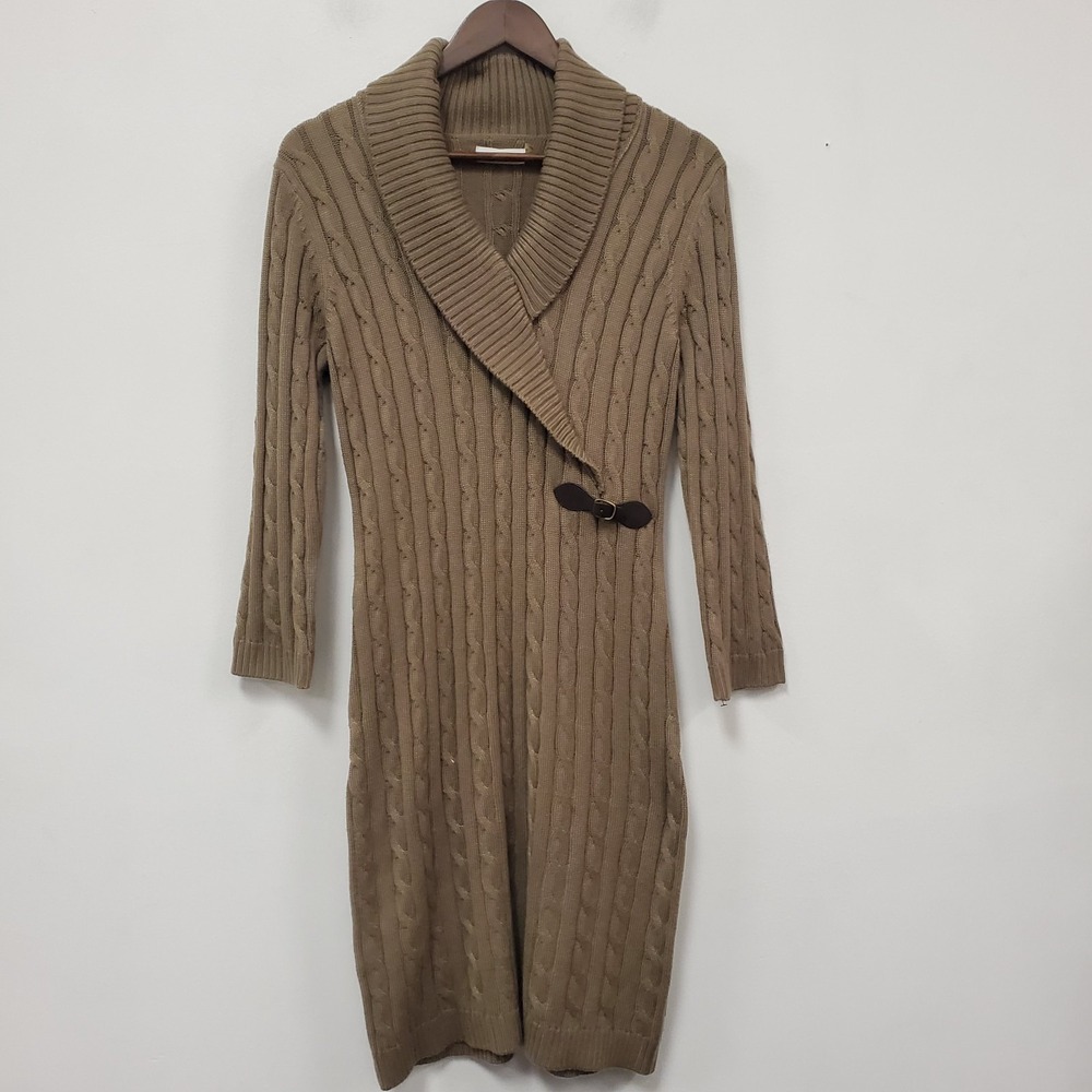 Calvin Klein Cable Knit Sweater Dress M Brown Cowl Neck CD2W1CBZ
